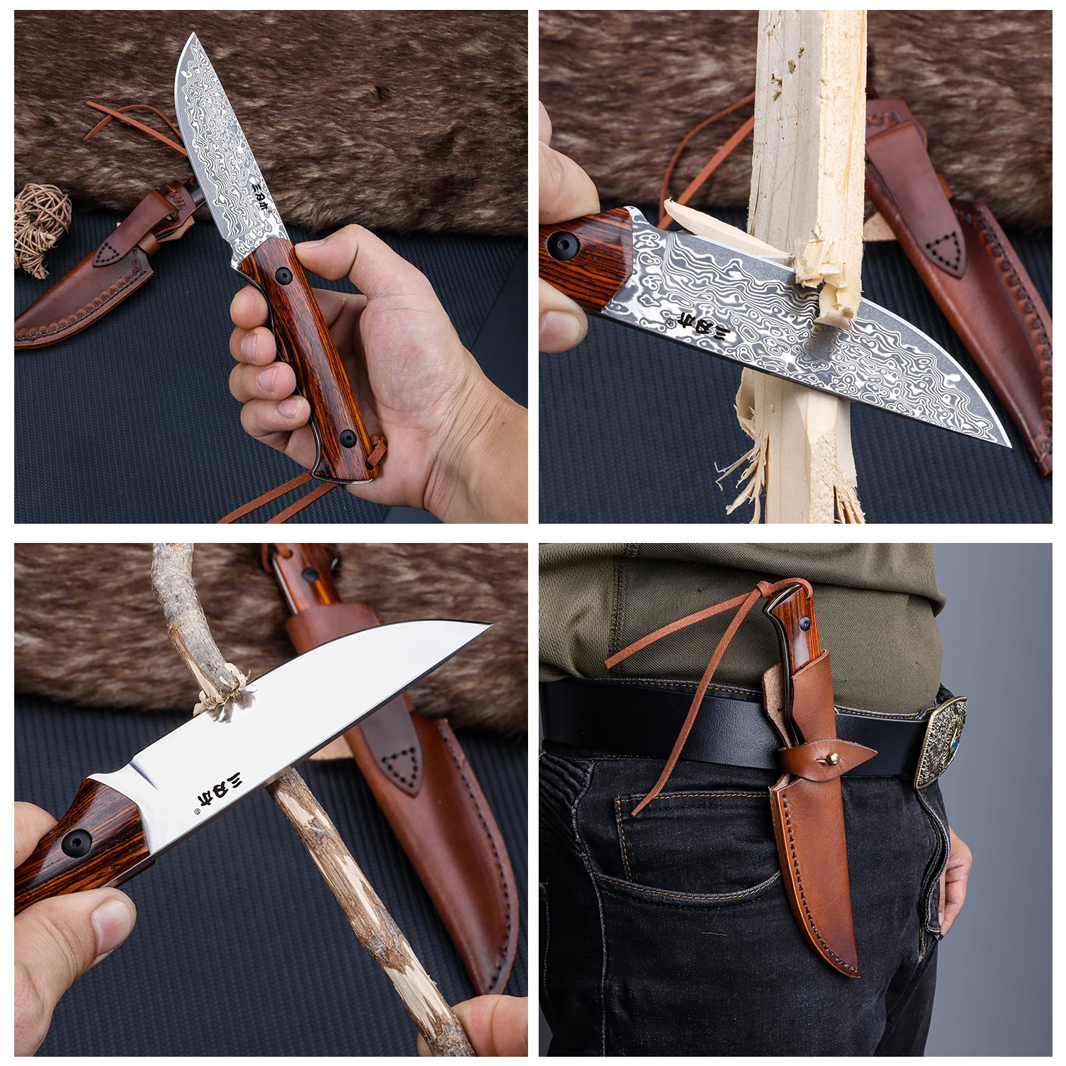 SANRENMU NEW S771 Straight Handle Knife Outdoor Camping Hunting Knife Rescue Tool Knife Damascus Blade VG10/14C28 Scabbard - view 3