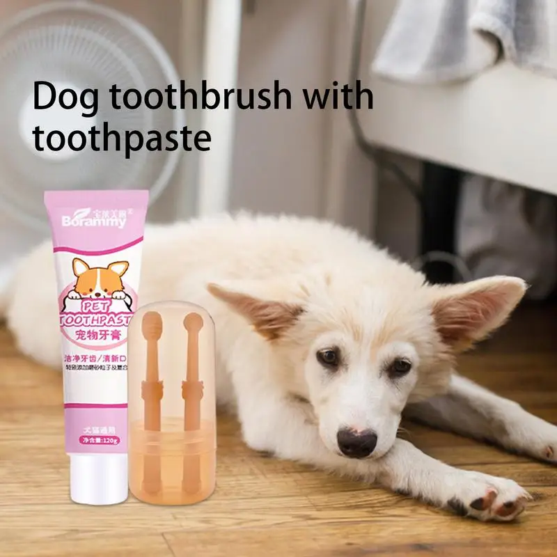 Puppy Toothpaste And Brush 360 Degree Flexible Pet Teeth Brush Kit Puppy Soft Double Head Teeth Brush With Tongue Scraper