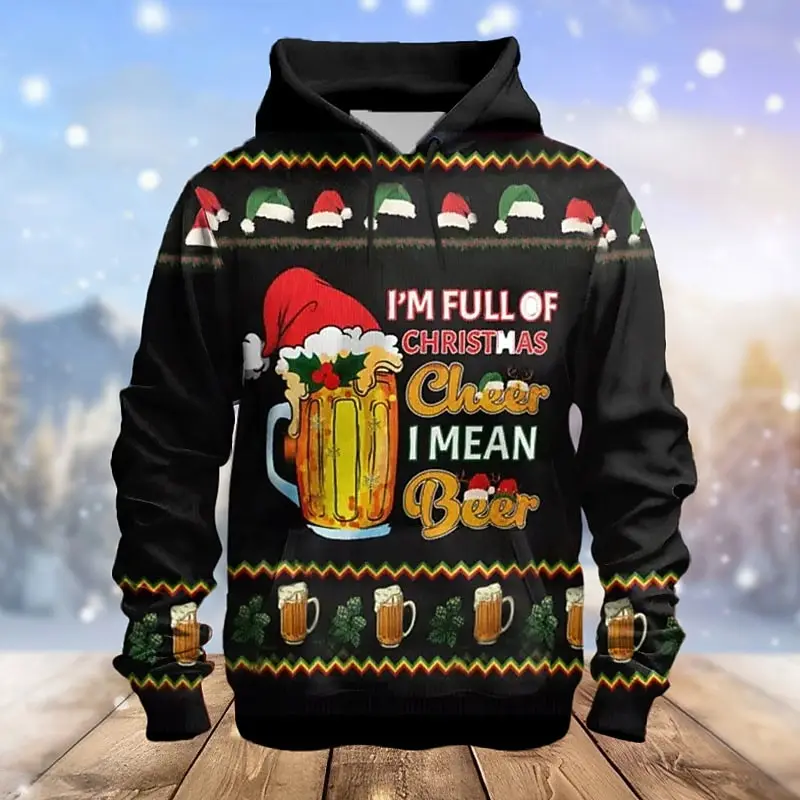 

New Year's Party Men's Hoodies Merry Christmas Sweatshirts Funny 3D Beer Print Pullover Autumn and Winter Fashion X'mas Clothing