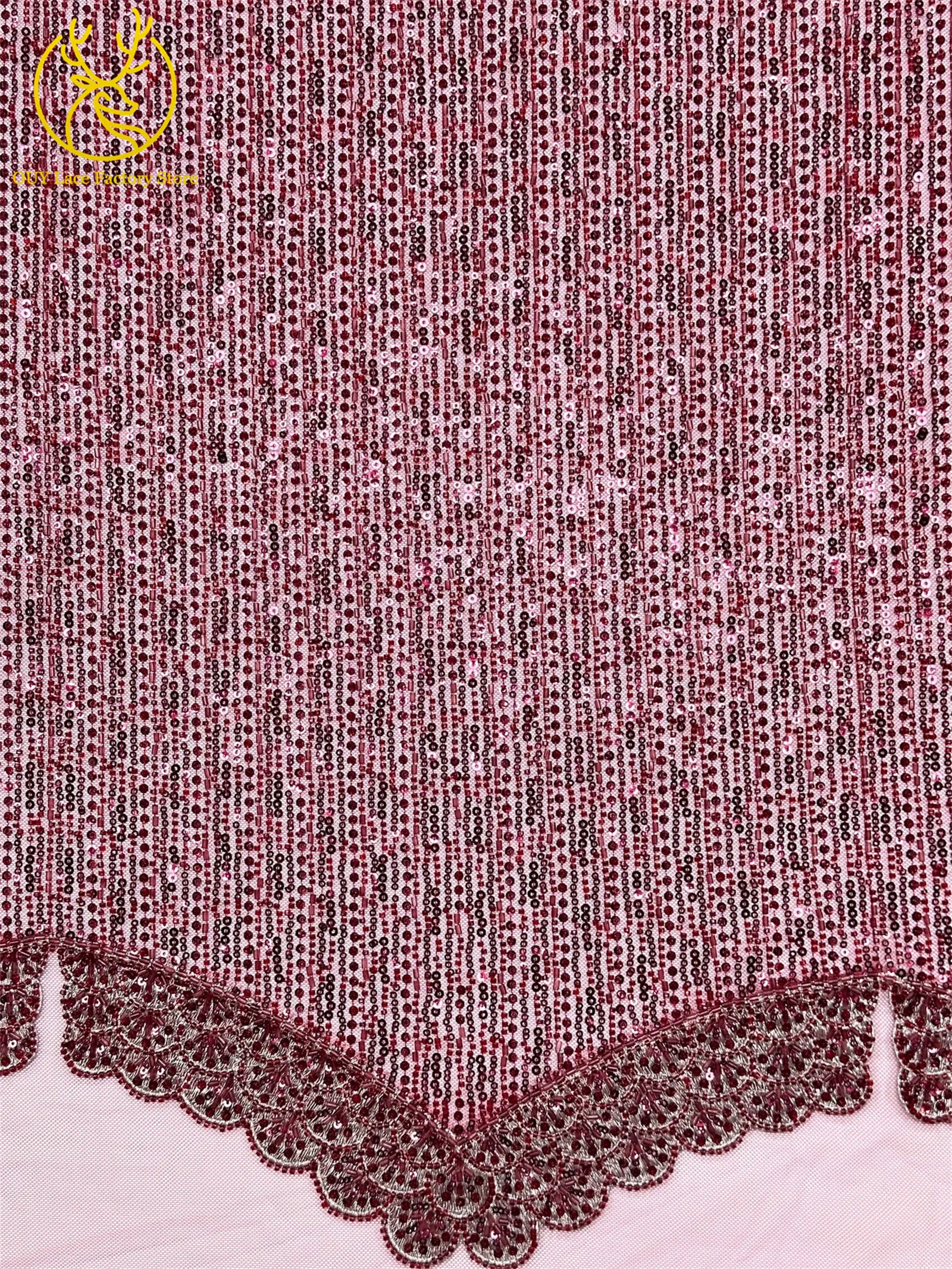 Weinroter 3D Luxus Dubai Stickerei-Spitzenstoff mit Perlen und Pailletten 2026 Afrikanischer Spitzenstoff für Damen Abendkleider und Partykleider zum Nähen – Detail 9
