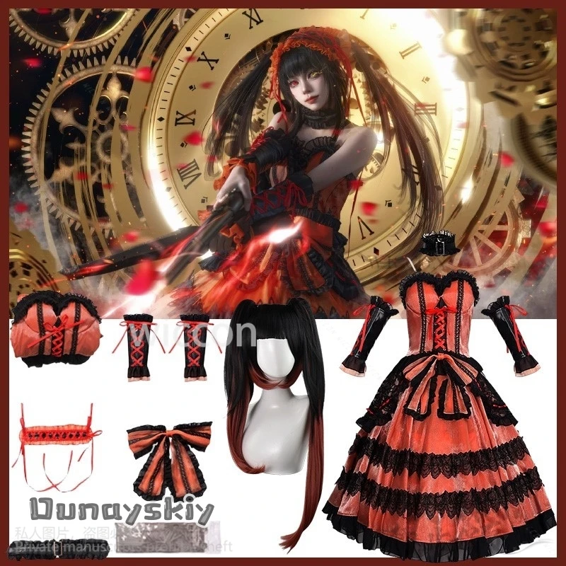 

Anime Date A Live Cosplay Tokisaki Kurumi Gothic Red Black Velvet Cake Dress Lolita Wig Jirai Kei Girls Cos Halloween SUITS