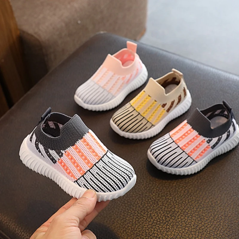 Spring Autumn Boys Girls Color-block Knitted Sports Shoe Breathable Mesh Soft Sole School Shoe Children Kids Casual Running Shoe