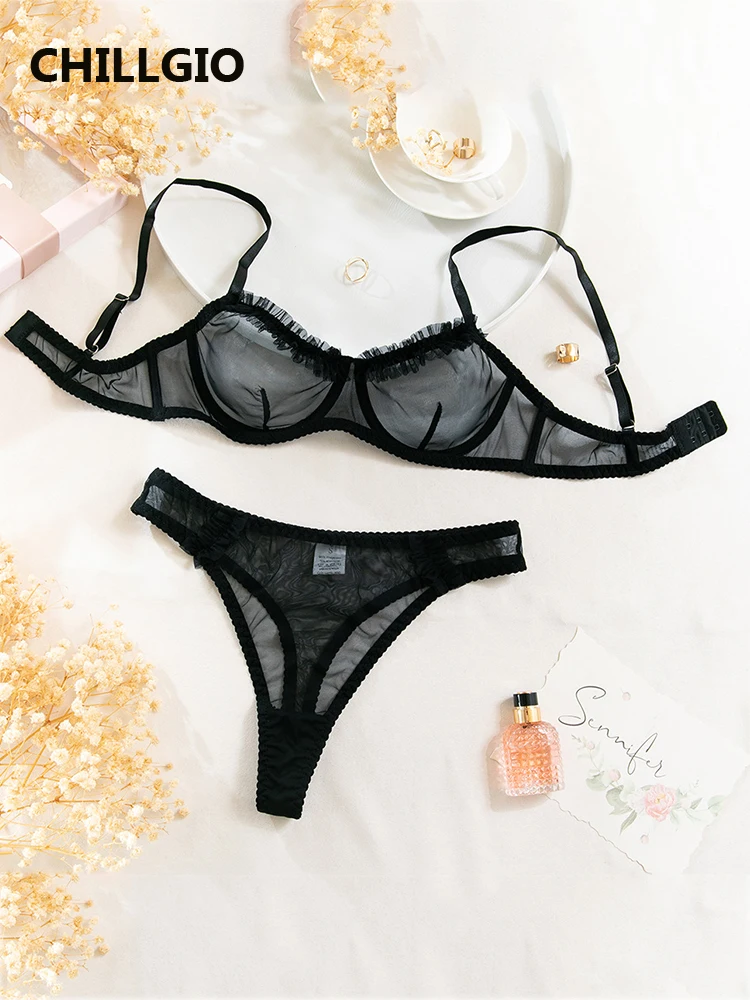 

CHILLGIO Women Solid Transparent Mesh Bra Brief Suits Sexy Sheer Fashion Lace Underwear Outfits Bra Underpants Two Pieces Sets