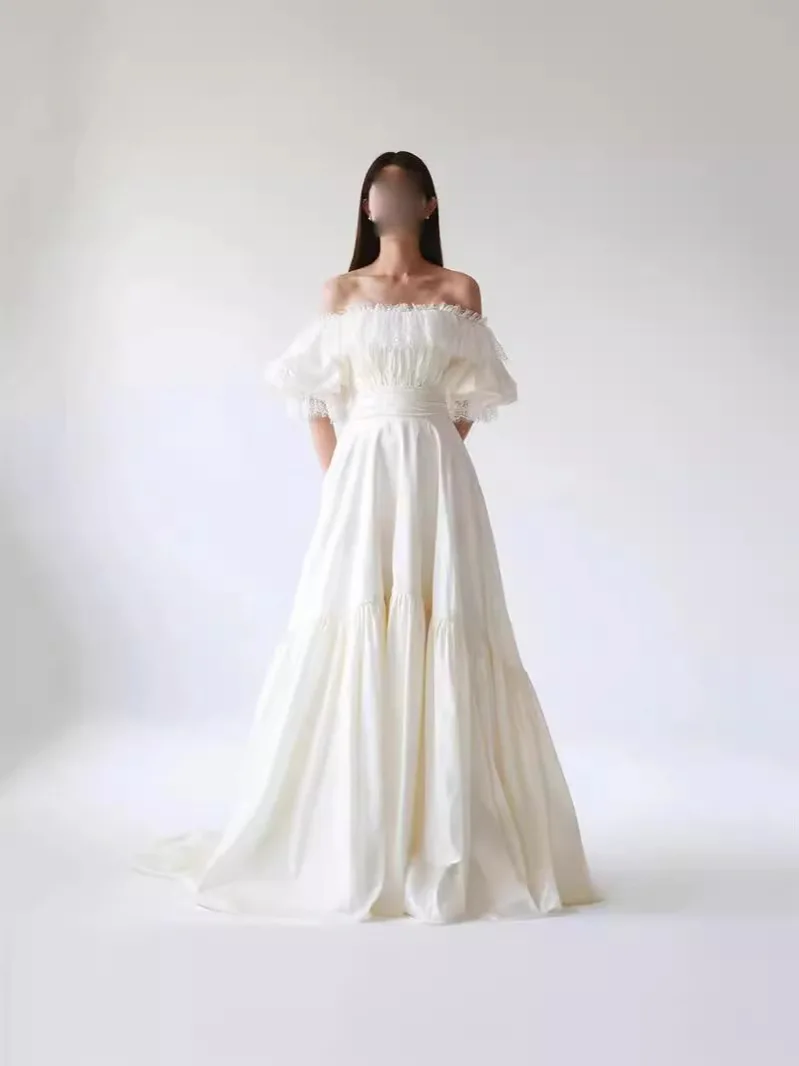 white lace outdoor shoulder morning gown female bride light wedding dress off the shoulder morning shot certificate dress