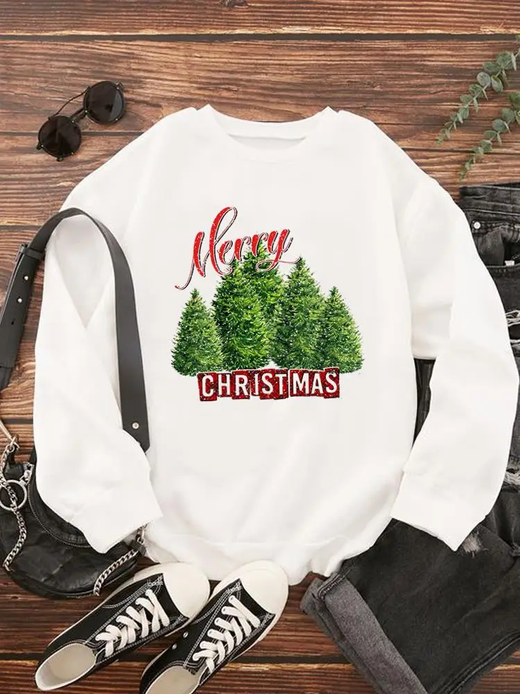 Tree Style Watercolor Cute Christmas New Year Holiday Fashion Print Lady Pullovers For Women Casual Clothing Graphic Sweatshirts