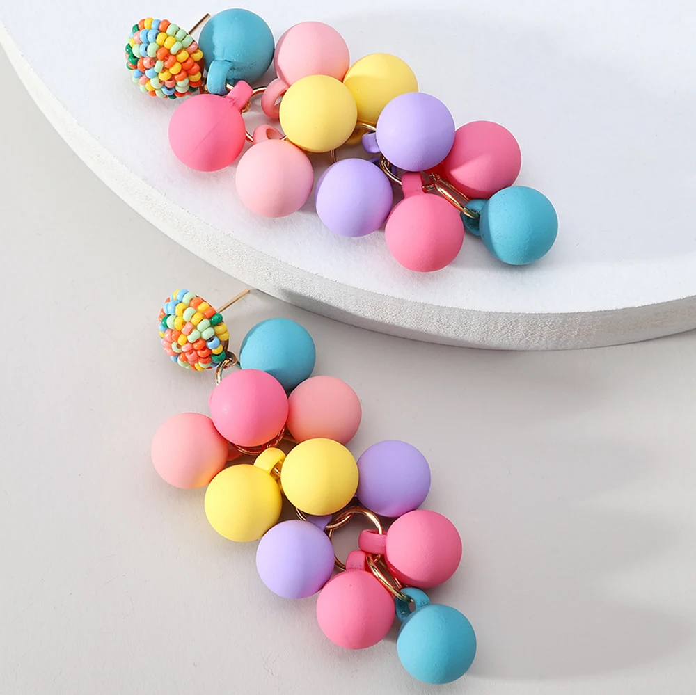 Boho Round Ball Tassel Dangle Earrings For Women Trend Luxury Design Colorful Beads Summer Party Acrylic Pendant Jewelry Gift