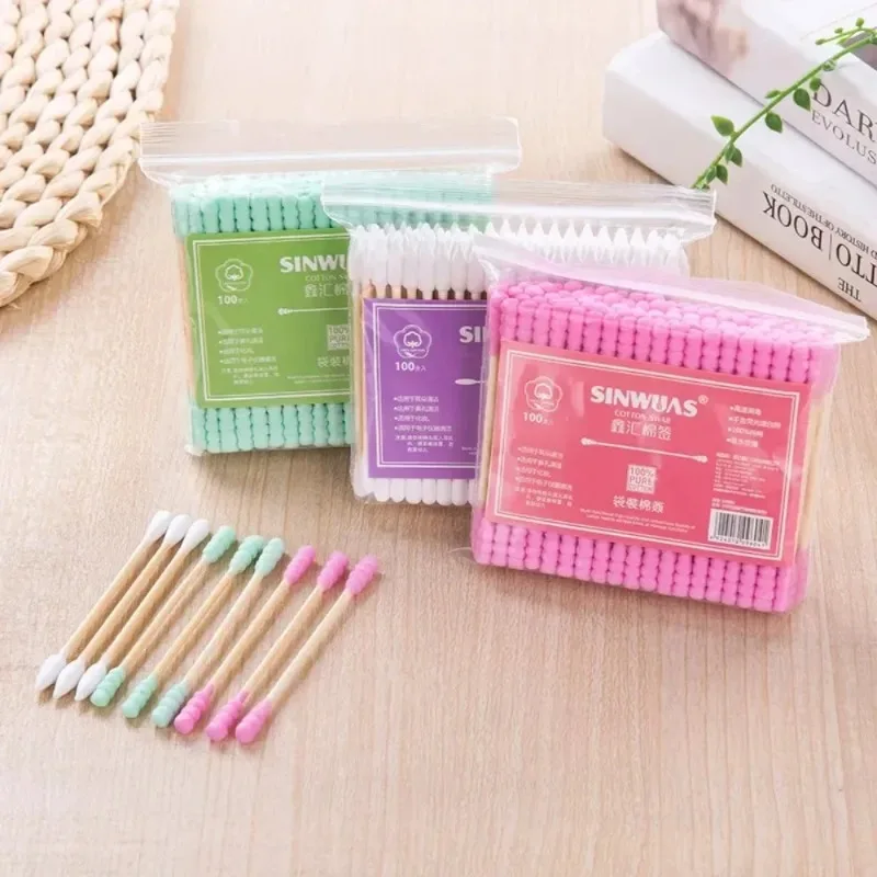 100-300Pcs Double Head Cotton Swab Sticks Pink Green White Make Up Remover Cotton Buds Tip for Medical Nose Ears Cleaning Tools