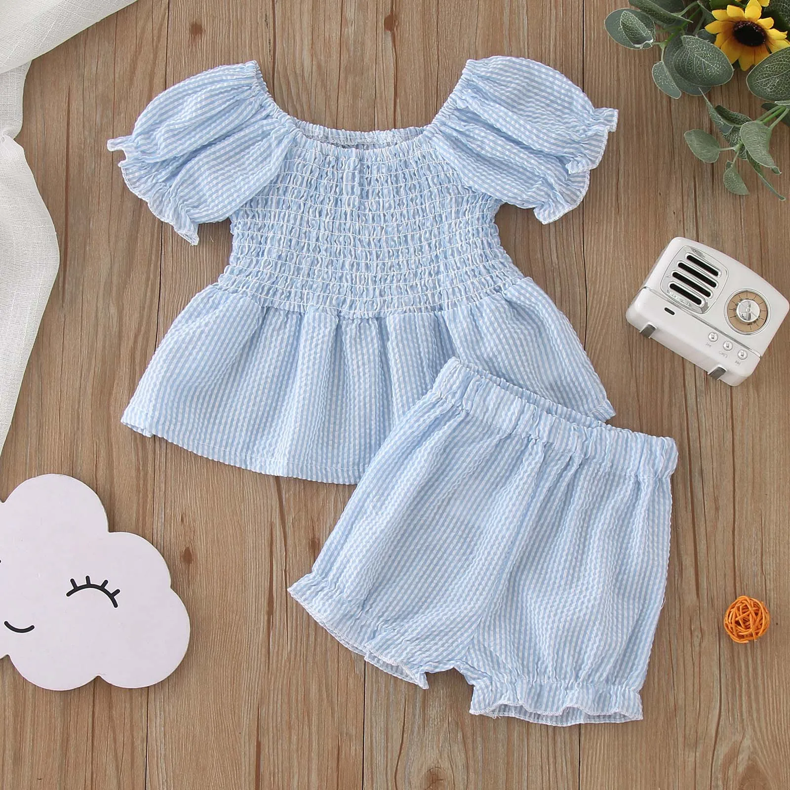 Toddler Infant Baby Girls Clothes Sets New Summer Short Sleeve Striped Prints Tops Shorts 2PCS Outfits For Girls 1 2 3 Years