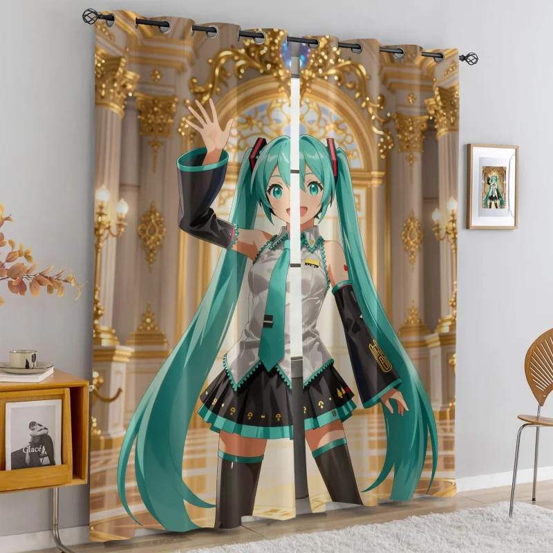 Hatsune Miku anime printed curtains, set of two, 85% blackout thickened curtains, cozy atmosphere bedroom decorative curtains