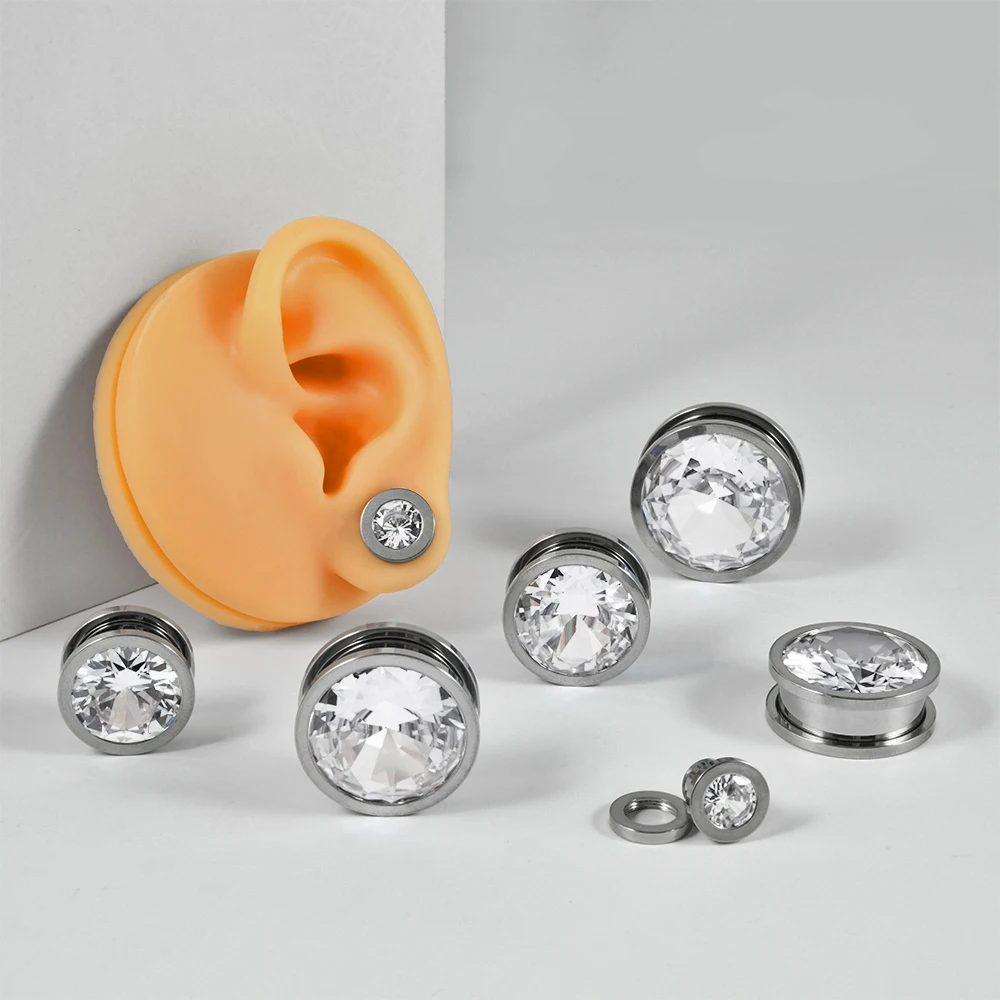 1Set Stainless Steel DIY 4 Color Zircon Ear Plugs Screw Ear Gauge Flesh Stretchers Punk Piercing Earrings Body Piercing Jewelry