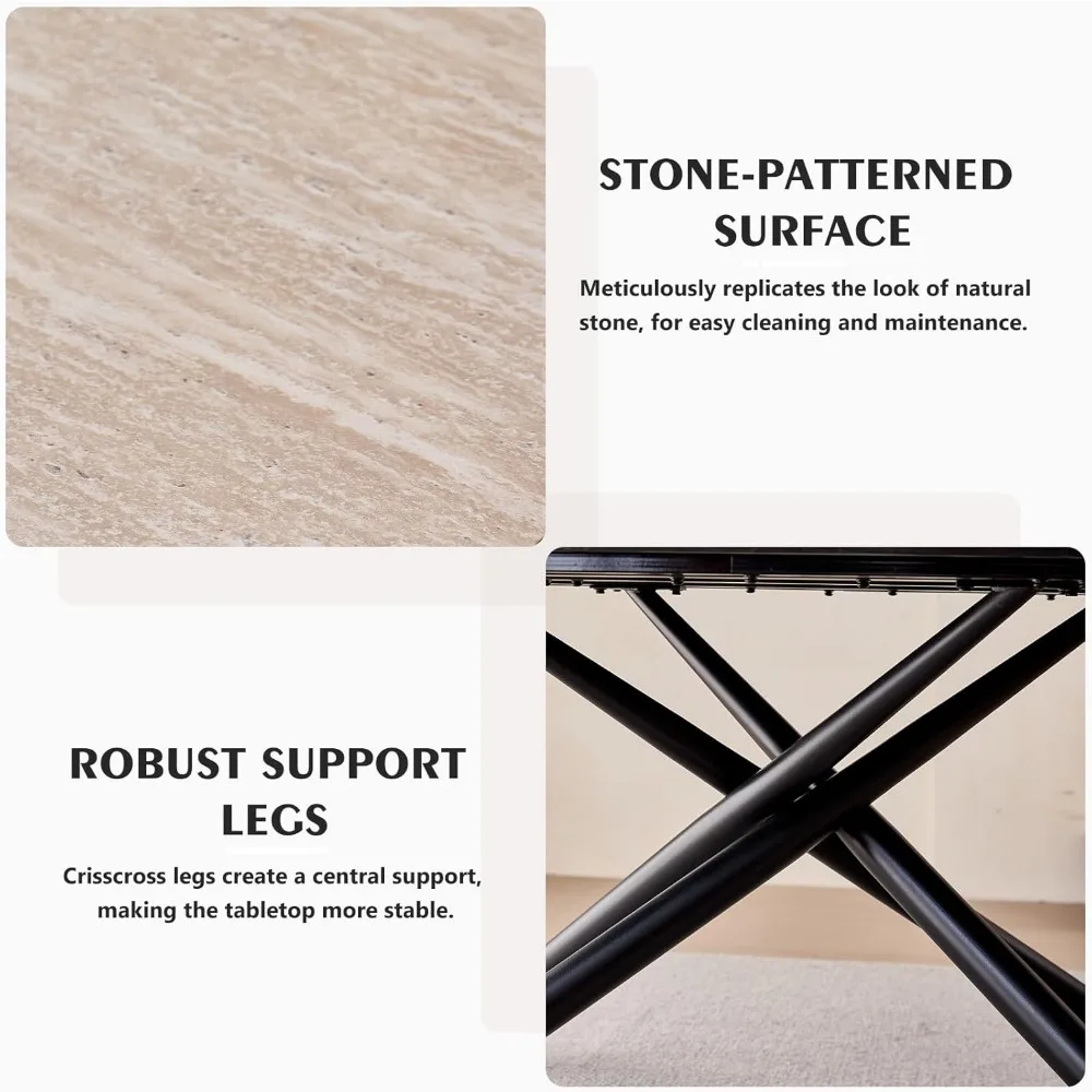 "طاولة طعام مستطيلة مقاس 70.8 بوصة تتسع لـ 4-6، قاعدة معدنية متقاطعة الأرجل، بلوزة منقوشة بالحجر، طاولة عشاء مطبخ حديثة"