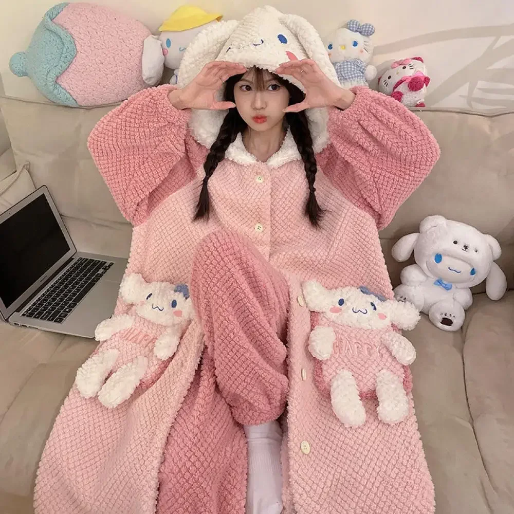 Kawaii Hello Kitty Kuromi Cinnamoroll 2Pcs Women's Plush Pajamas Robe Set Sanrioed Winter Cartoon Hooded Thickened Homewear Soft