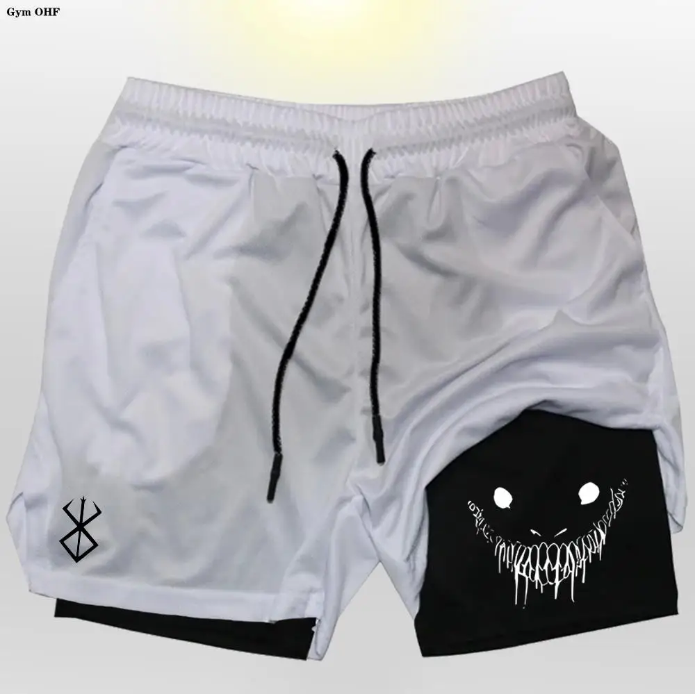 Anime Guts Running Shorts Men Fitness Gym Training 2 in 1 Sports Shorts Quick Dry Workout Jogging Double Deck Short Pant