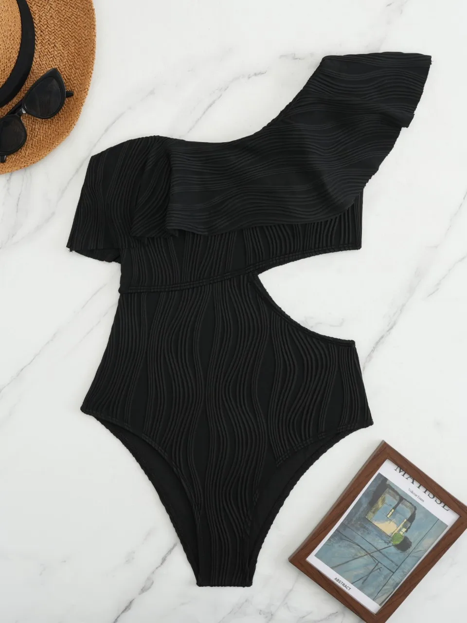 One Shoulder Solid Swimsuit Women One Piece Ruffle Ribbed Swimwear Female Hollow Bathers Bathing Swimming Suit Padded Beachwear