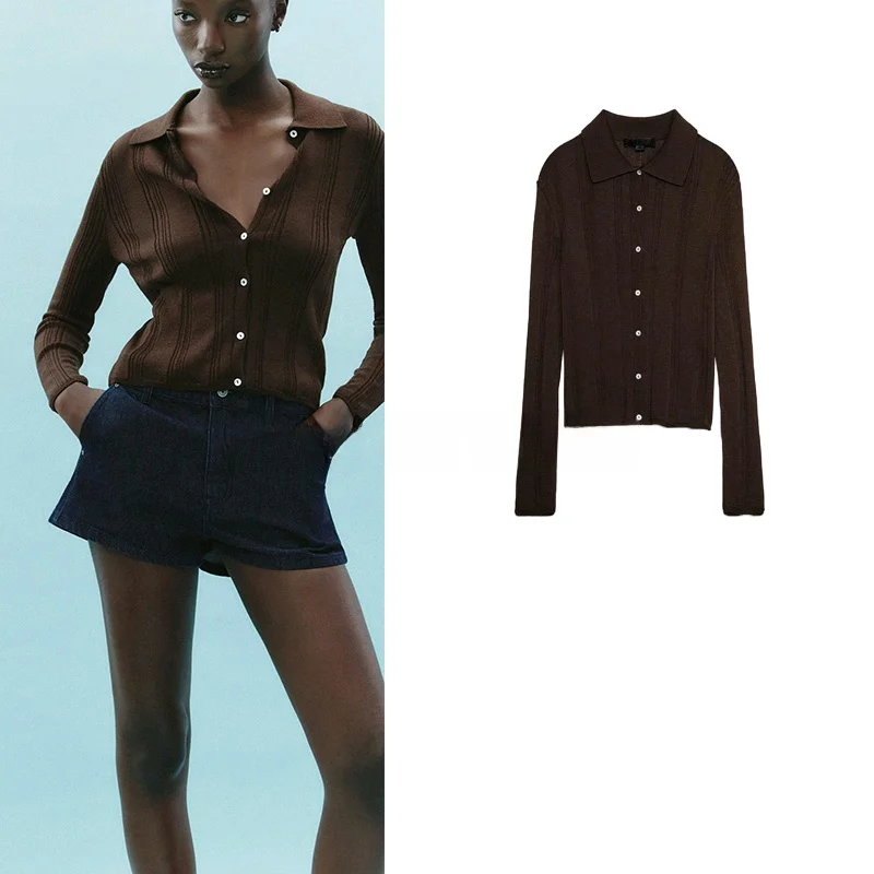

Spring New Arrival Women's Knitted Long Sve irt Sle Outerwear Single Button Ribbed Polyester Fiber Slim Fit Commu...
