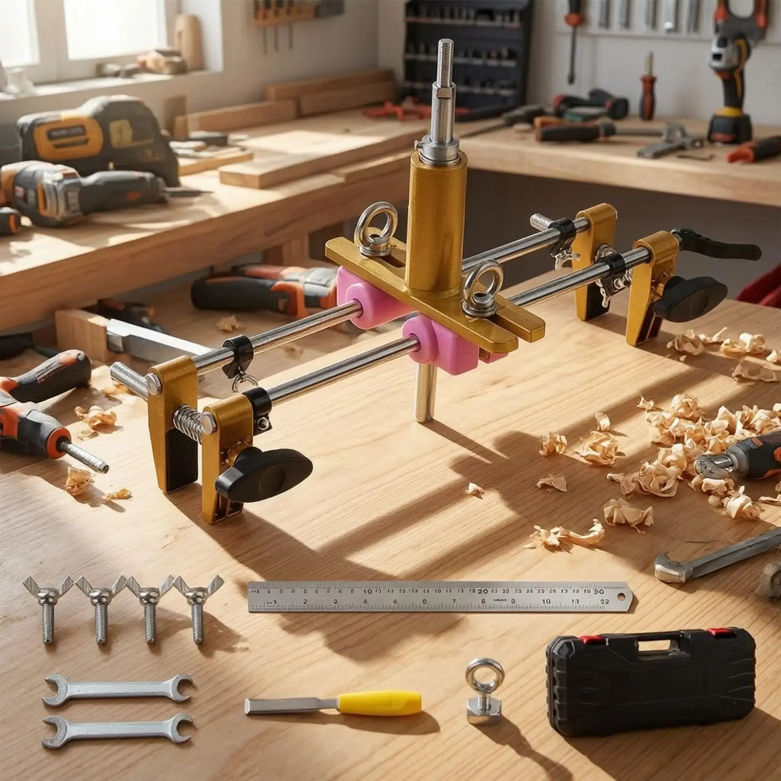 Professional Door Lock Installation Router Guide Jig for Woodworking with Three Tungsten Steel Cutter Heads and Clamp Style