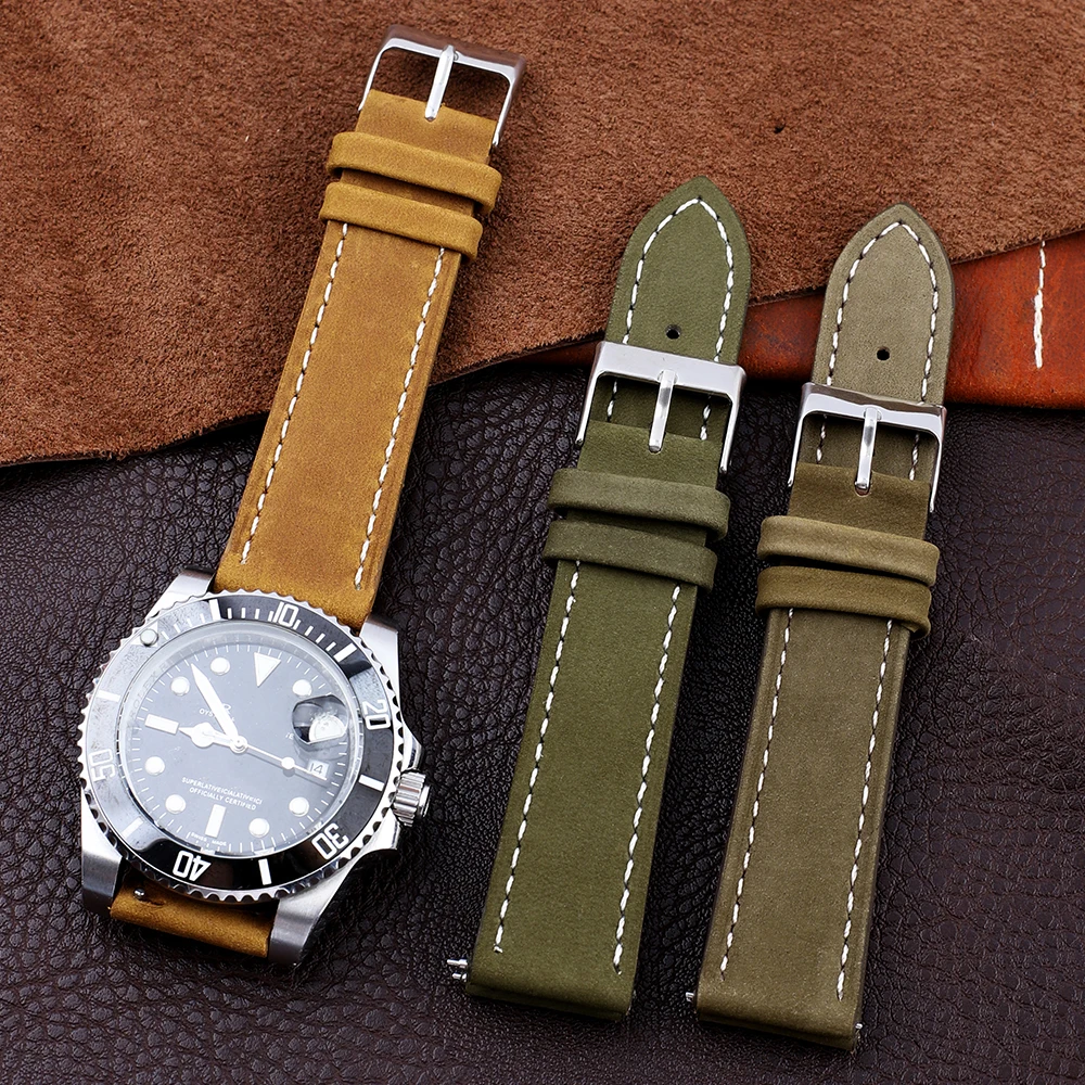 Vintage Nubuck Watch Strap Handmade Stitching Watchband Quick Release Replacement Belt Watch Bracelet 18mm 19mm 20mm 22mm 24mm