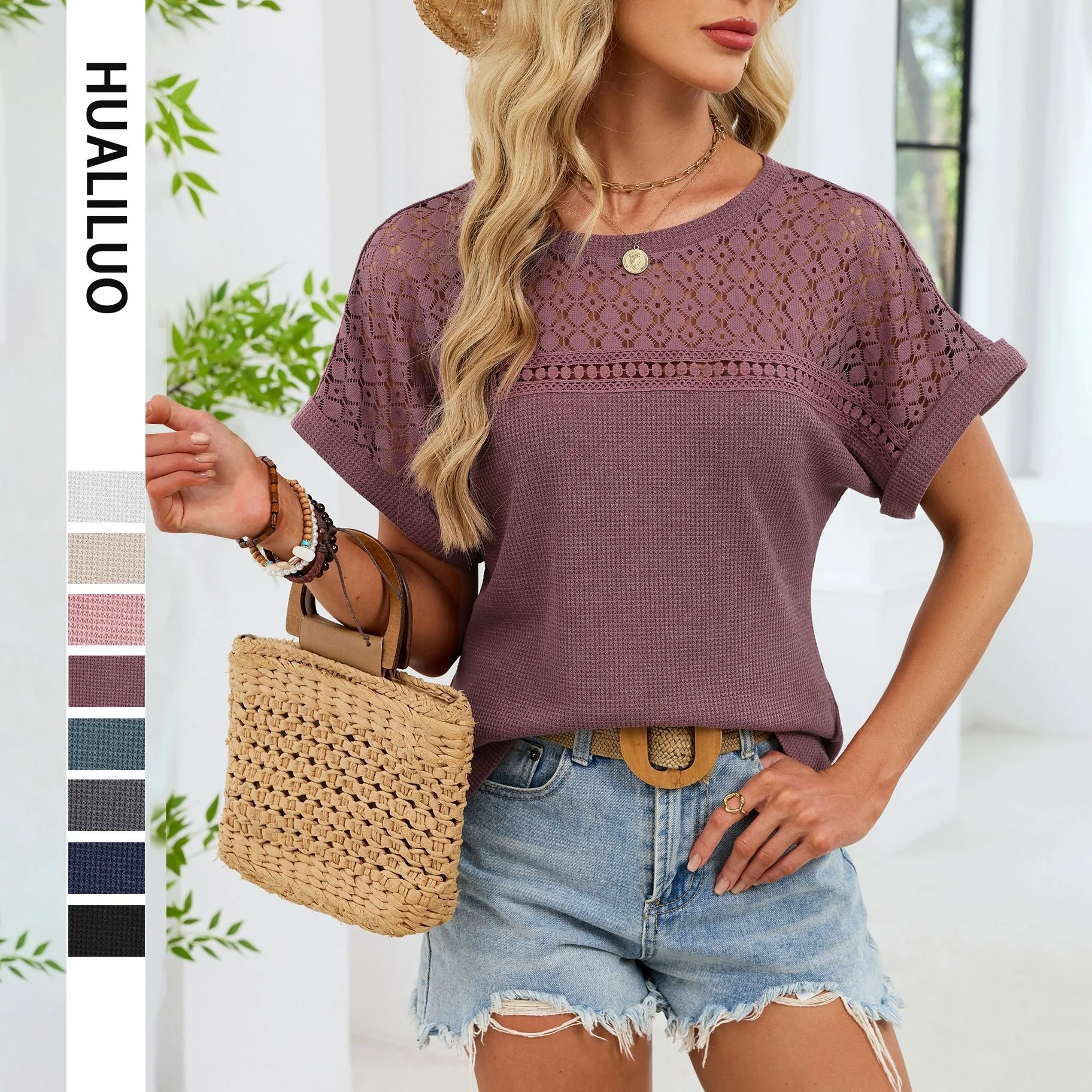 Short Sleeve T Shirt Round Neck Loose Fit Short Sleeve T Shirts Oversized Fit Crochet Lace Panel Tee Boho Style Purple Beige Top