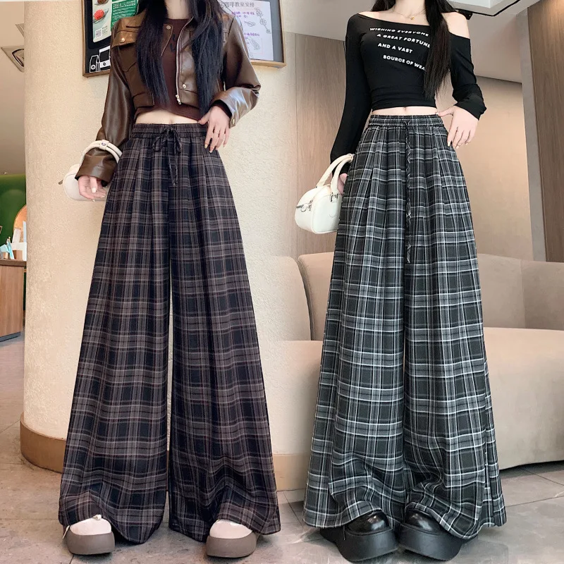Pantalones Palazzo Largos de Estilo Vintage a Cuadros Color Café para Mujer, de Cintura Alta, con Cordón Ajustable, Holgados, Estilo Urbano, Y2K