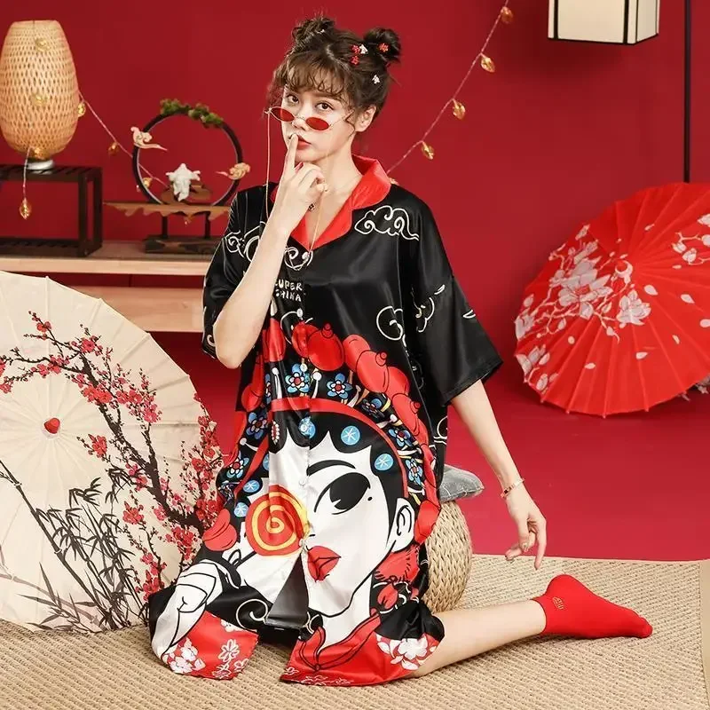Summer Imitation Silk Short-sleeved  Long Retro Loose Home Wear National Trend Peking Opera Nightgown New Ice Silk Pajamas Women