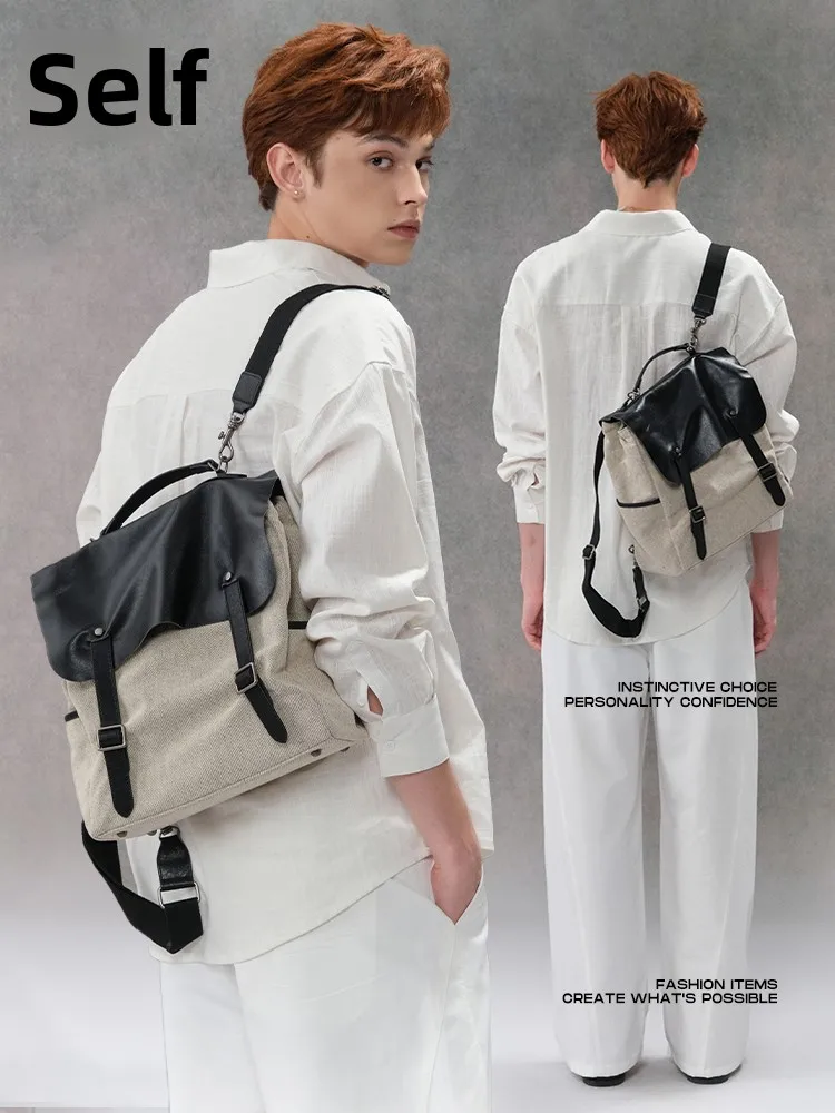 Free Roaming Canvas Leather Backpack Large Capacity Computer Bag Travel Bag Casual Style Vertical Square Shape Pure Color
