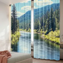 2Pcs Landscape Curtains Scenic Mountain Of Pine Trees And Flowing River Foliage Daytime Nature View For Bedroom Living Room And