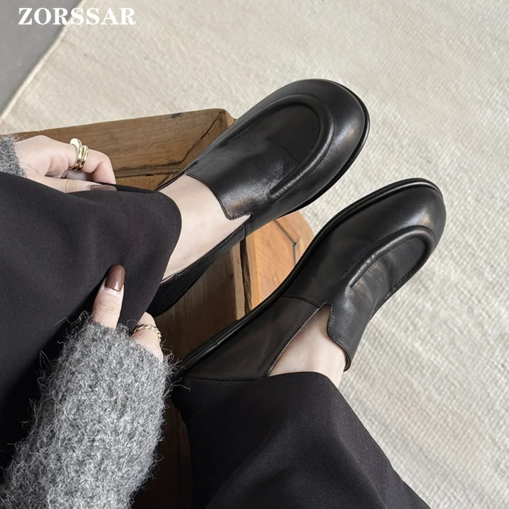 الجلد المدبوغ المتسكعون النساء 2026 ربيع جديد جولة تو قدم واحدة الانزلاق على جلد طبيعي قارب أحذية النساء لينة حذاء مسطح النساء #3