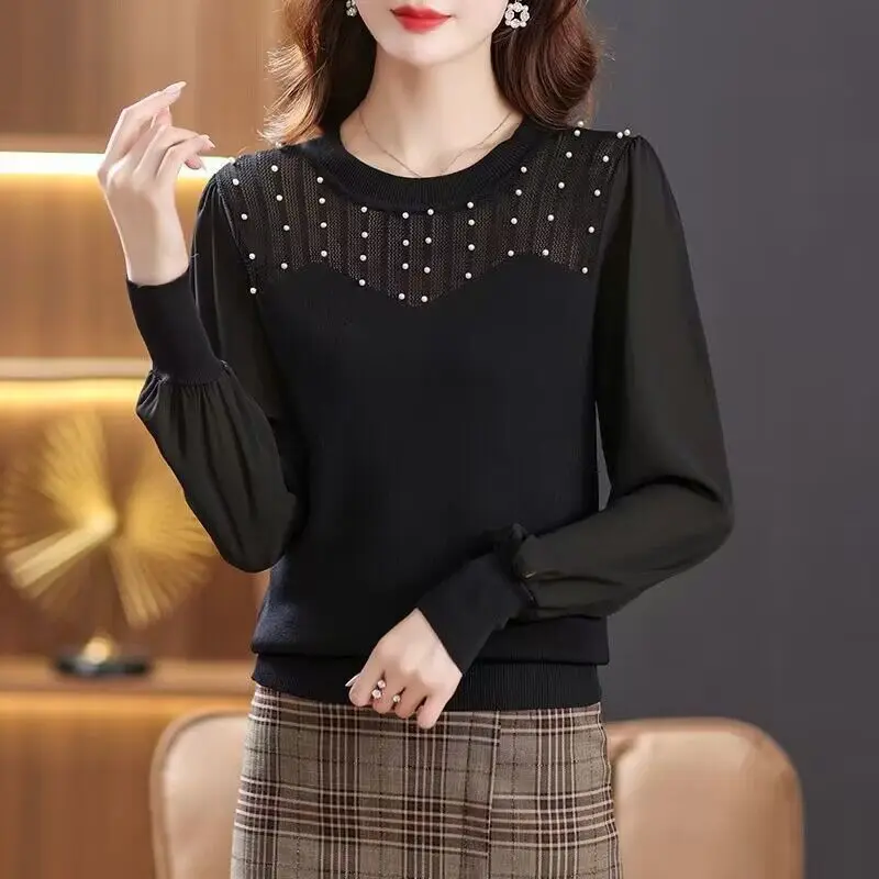 Spring Summer Women\'s 202 New Spliced O-Neck Chiffon Embroidered Flares Knitted Fashion Solid Loose Casual Long Sleeve Sweaters