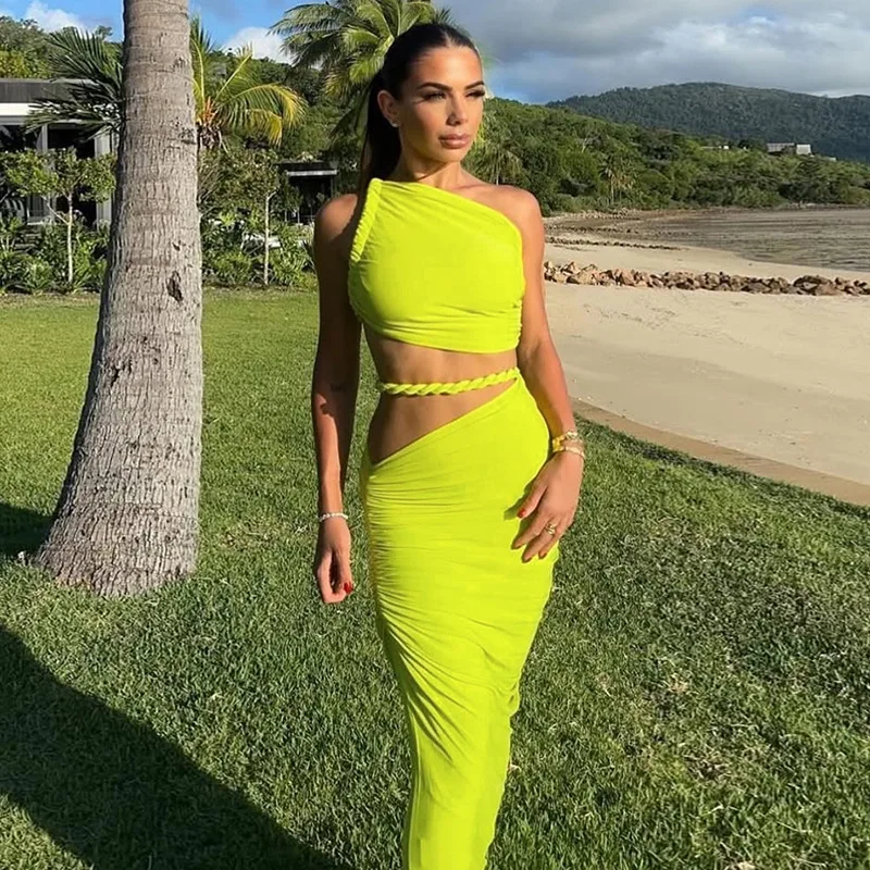 

Summer Sexy Green Kink Long Skirts Two Piece Sets Women Holidays Outfits Fashion One Shoulder Tank Tops and Maxi Skirts Suits
