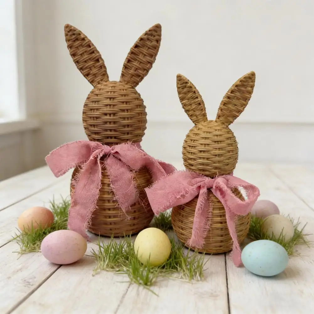 Handmade Easter Rabbit Decoration Set with Vine Weaving Effect Bow Farmhouse Style Bunny Doll for Holiday Decor
