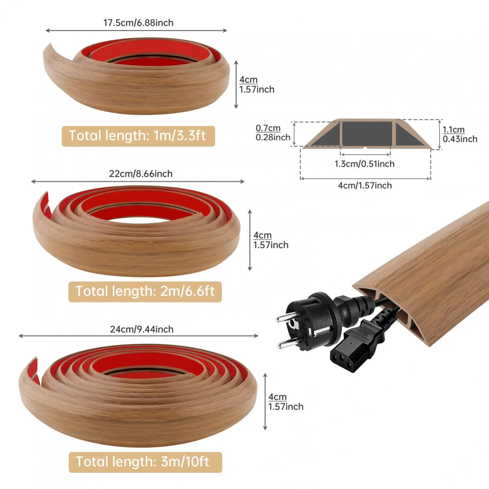 Yellow Wood Grain 1m/2m/3meter Cable Management Prevent Cable Trips Floor Cord Cover Cord Hider Floor Hide Extension Cords