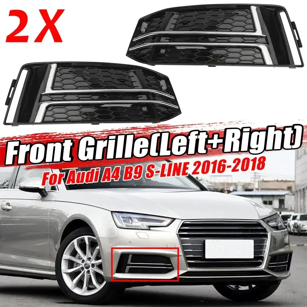 Pair Car Chrome Honeycomb Front Bumper Fog Light Grille Lower Grill Cover 8W0807681,8W0807682 For Audi A4 B9 S-LINE 2016 ~ 2018