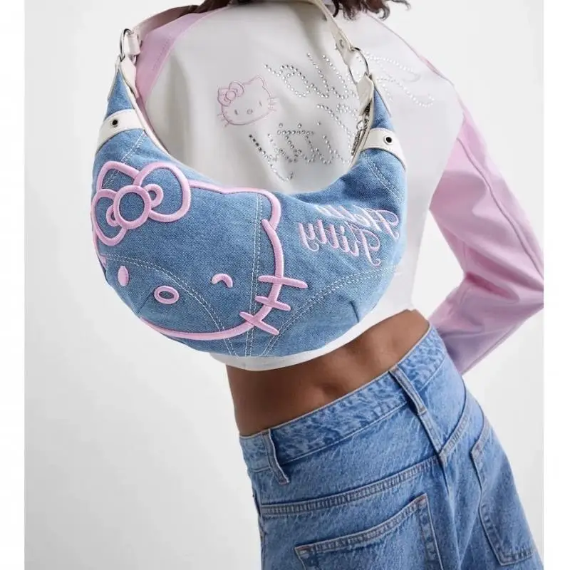 New Kawaii Miniso Sanrios Hellokitty Cowboy Embroidery Armpit Bag Crossbody Spring New Cowgirl Bag Ladies Cowboy Bag for Girl