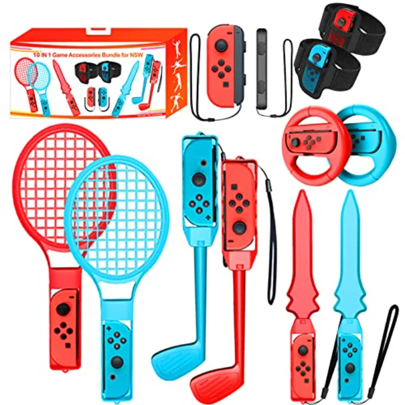 Nintend Switch Sports Games:Tennis Rackets,Sword Grips,Golf Clubs, Leg Strap,Racing Games Steering Wheel,JoyPad Wrist Band