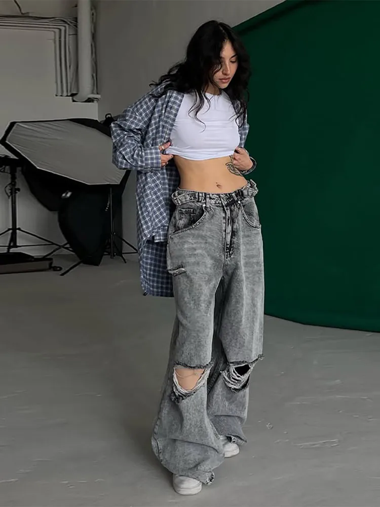 

Washed Distressed Ripped Holes Denim Pants for Women Low Rise Baggy Loose Dragging Wide Leg Jeans Solid Chic Fashion Trousers