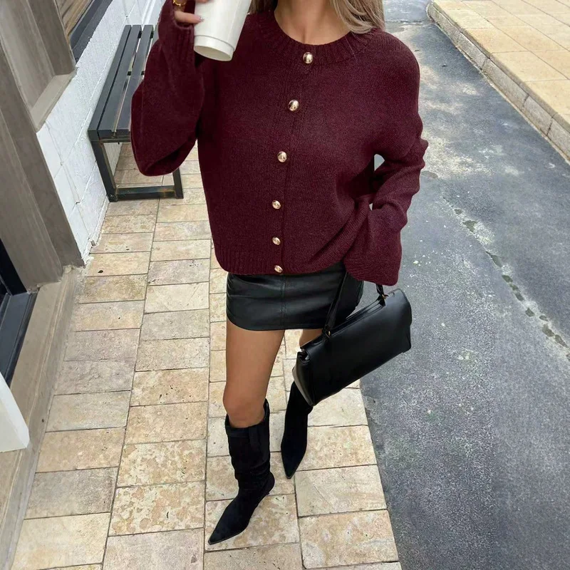 2026 New Autumn Winter Women Round Neck Knit Cardigan Solid Color Loose Sweater Coat with Golden Buttons Long Sleeve Outerwear 3