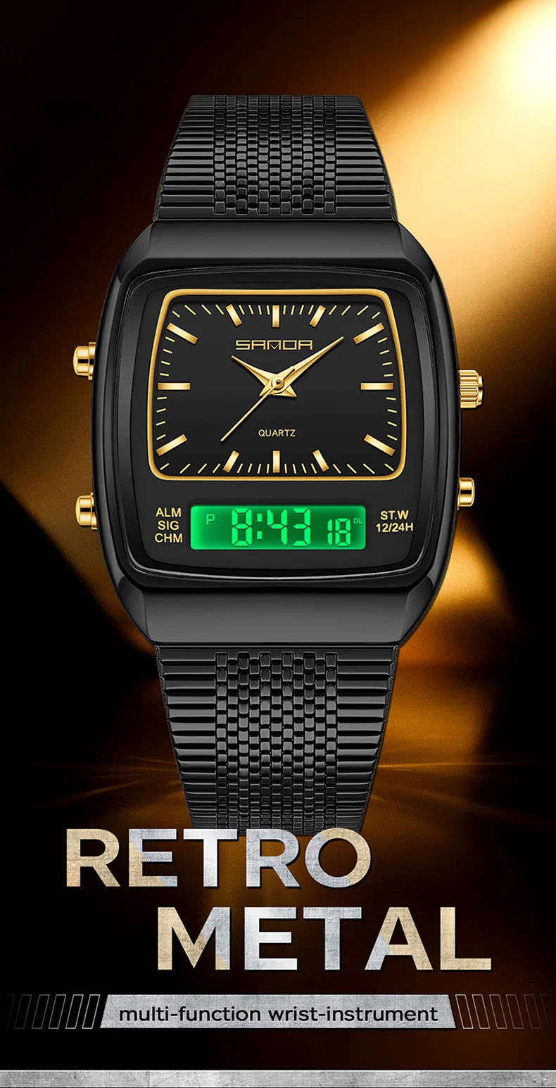 SANDA 3393 Retro Square Double Movement Double Display Watch Night