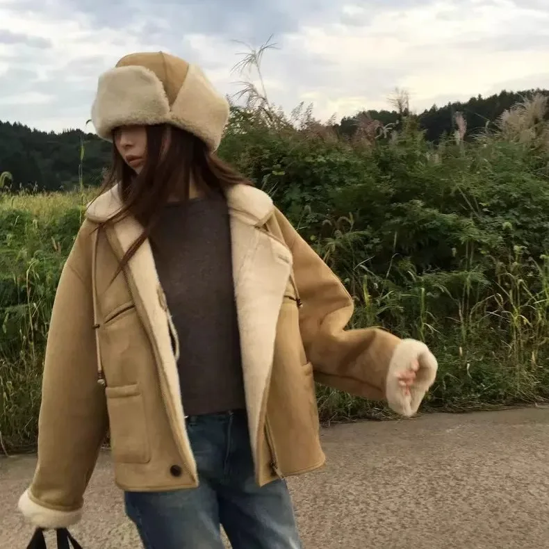 الشتاء فرو الضأن الجلد المدبوغ دراجة نارية Jaet سستة طوق معطف المرأة فضفاضة تناسب طويلة Sve الرجعية Sle الداخلية eep المخملية #2