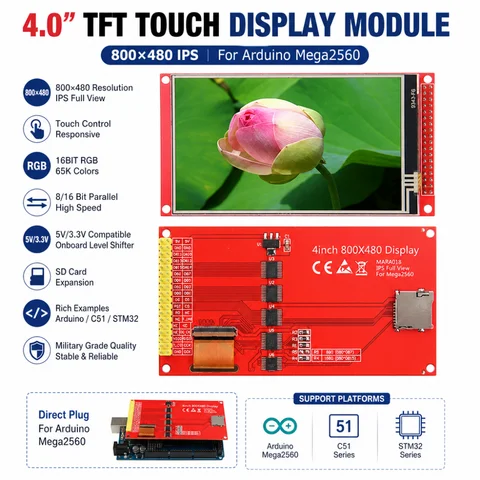 3.97インチ/4インチTFTカラータッチスクリーンLCDモジュール、800×480 IPS Mega2560、Arduino Mega2560開発ボード対応、XP12046タッチIC搭載、SDカード拡張対応