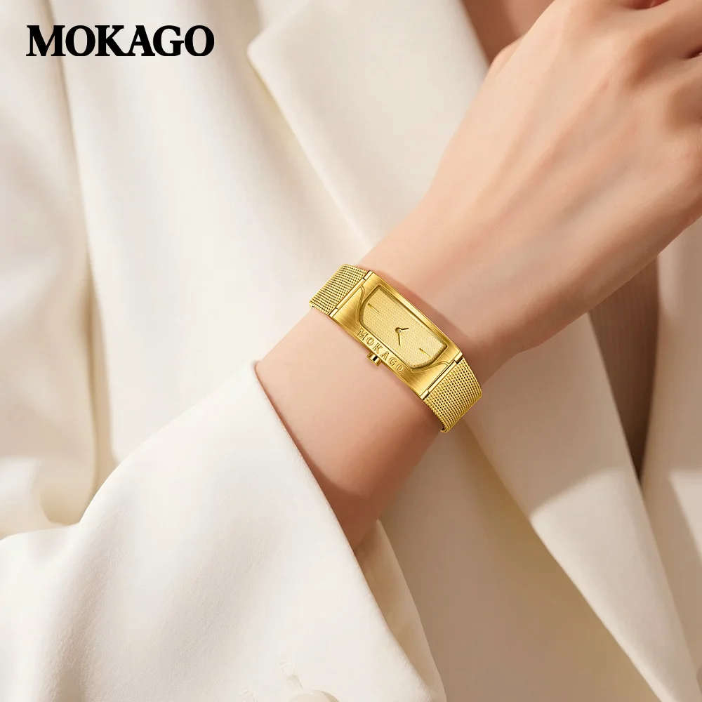 Женские винтажные золотые прямоугольные аналоговые кварцевые часы с сетчатым ремешком из нержавеющей стали, модные повседневные водонепроницаемые женские часы