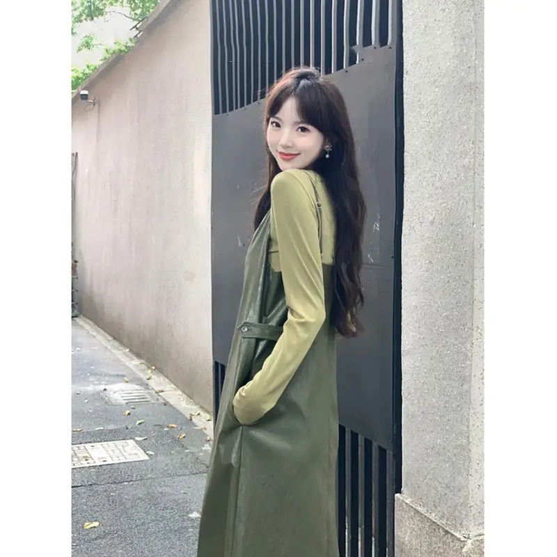 Korean Fashion Design Sense Camisole Dress for Women 2024 Autumn New Long Sleeved Pullover Two-piece Set Female Clothing