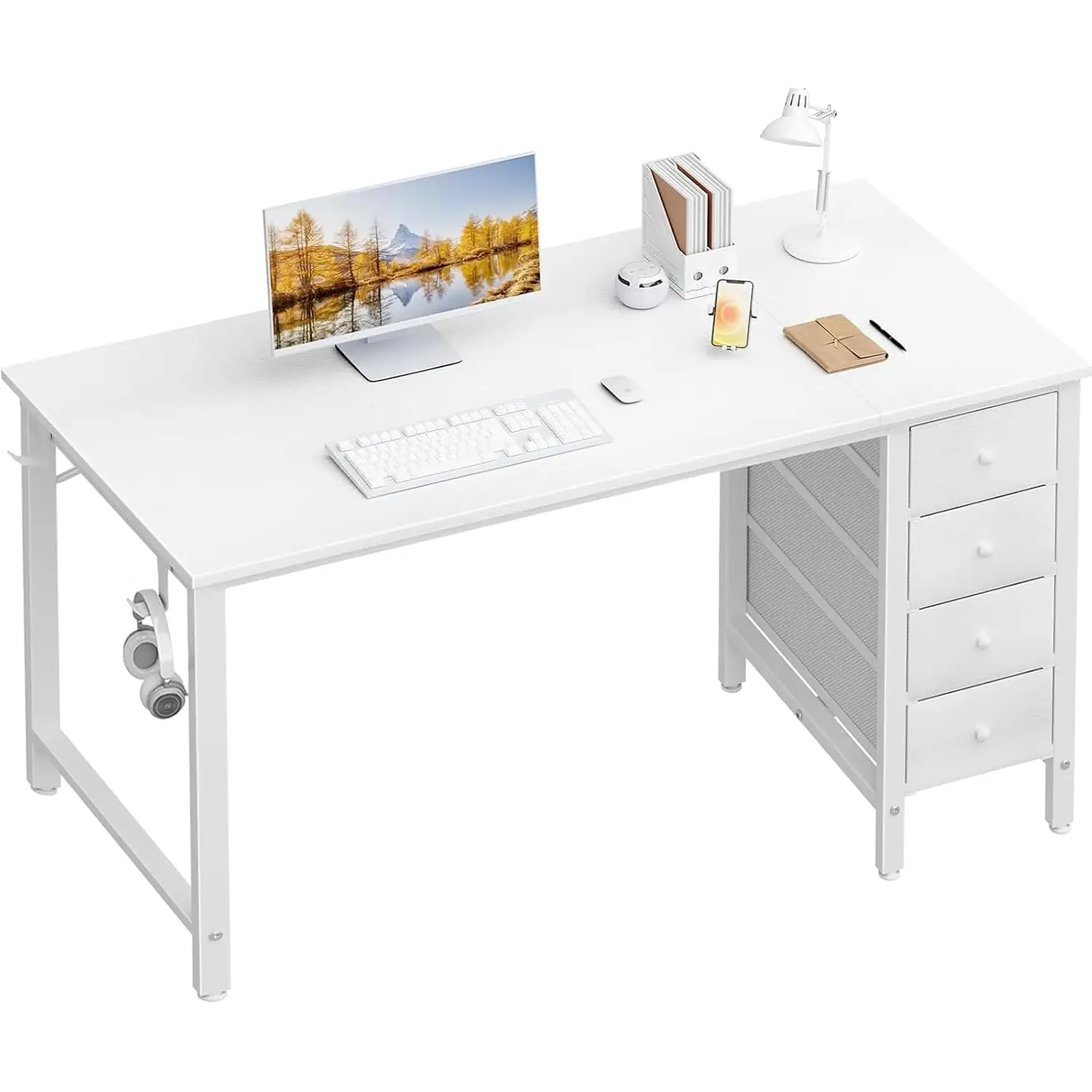 White Computer Desk with Drawers 55 Inch Reversible Study Work Desk Home Office Bedroom Modern PC Desk Fabric Drawer, Customized