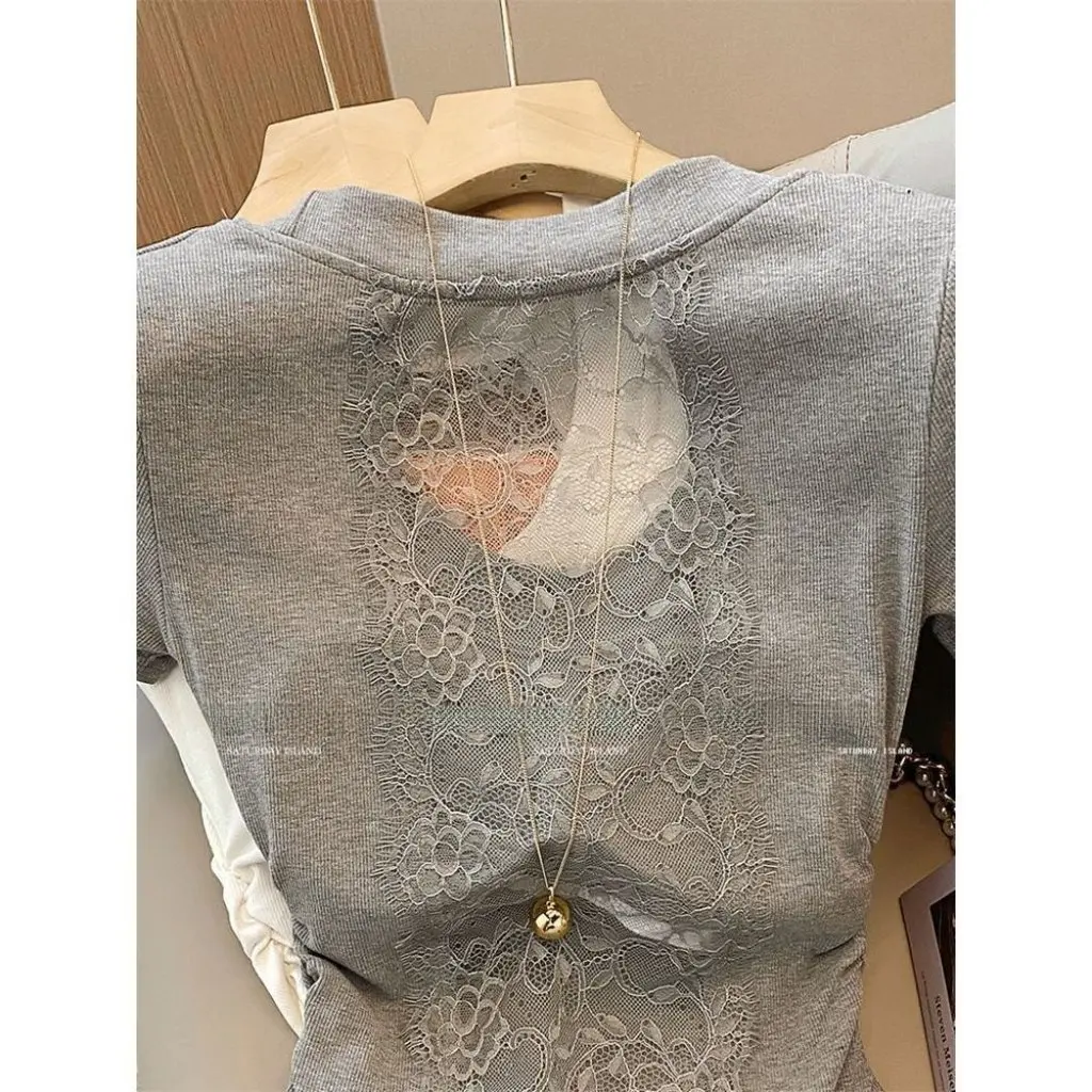 

Women's Summer U-Neck Short-Sleeved T-Shirt Modal Cotton French Design Lace Splicing Pleated Top Super Feel New Arrivals