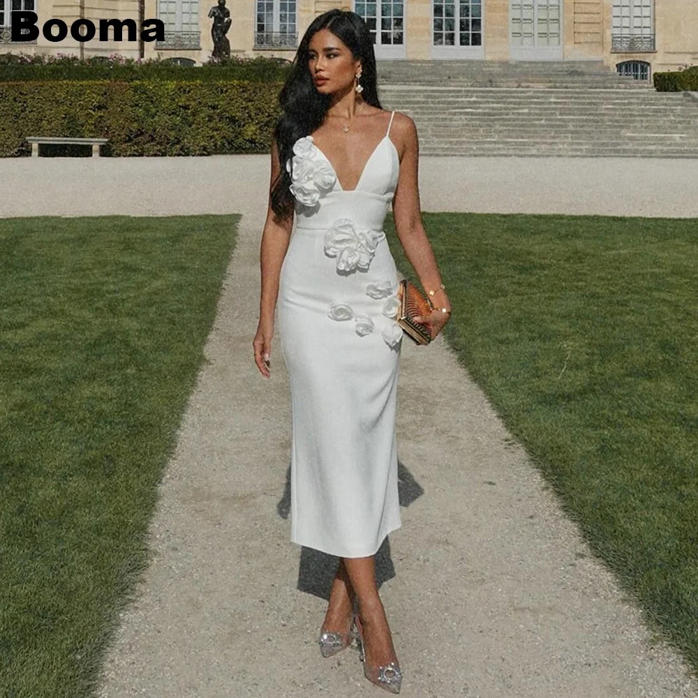

Booma White Stain Midi Mermaid Evening Dresses 3D Flowers V Neck Prom Gowns for Women Tea-Length Simple Formal Party Dresses
