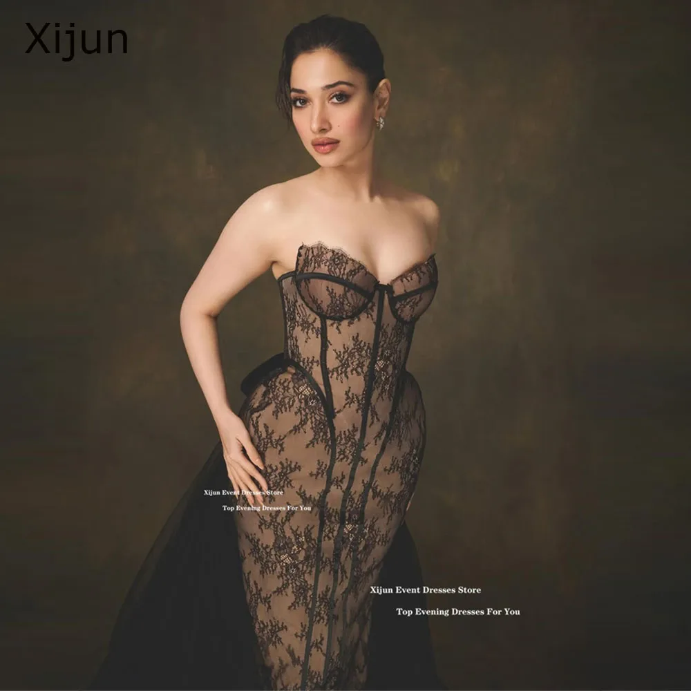 

Xijun Sexy Black Lace Evening Dresses Sweetheart Sleeveless Mermaid Prom Dresses Pleated Tea Length Prom Gowns Women Customized
