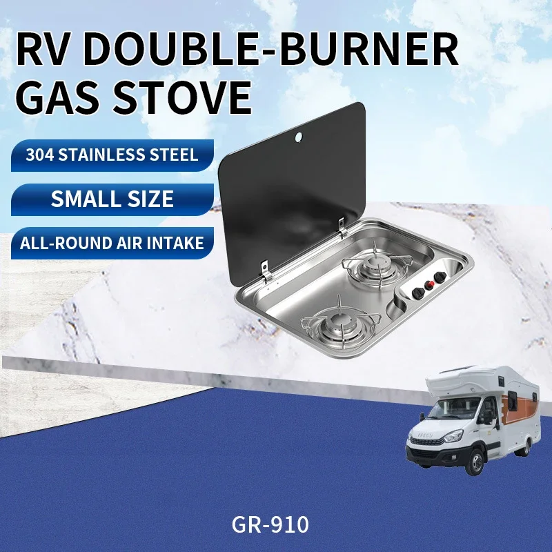 

Outdoor RV Camper Kitchen Stainless Steel Gas Double-headed Stove Tools Tempered Glass Cover 2*1.35KW Camping Car Accessories