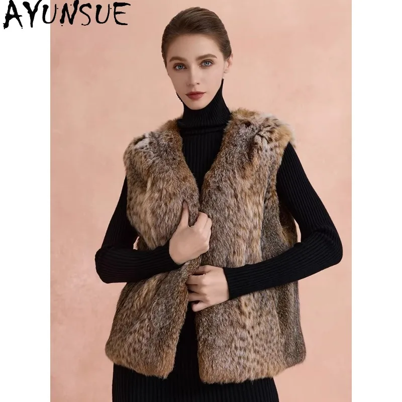 Casacos de Pele Real AYUNSUE para Mulheres, Coletes de Lince para Mulheres, Jaqueta Curta de Pele Nova em Moda Externa, Casaco de Pele Estiloso para Mulheres