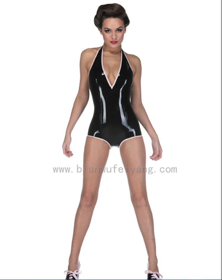 Pure natural latex suit for women's sleeveless backless hanging neck V-neck low necked one piece swimsuit with customize