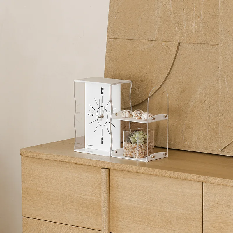 

Acrylic Simple Table Clock with Storage Rack for Living Room Bedroom Desktop Store Small Items Creative Table Watch Desk Clock