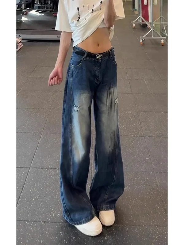 

American Retro Blue Workwear Jeans Men's Summer Flared Loose BF Lazy Sle Wide Leg Knife Pants Casual Straight Leg Pants